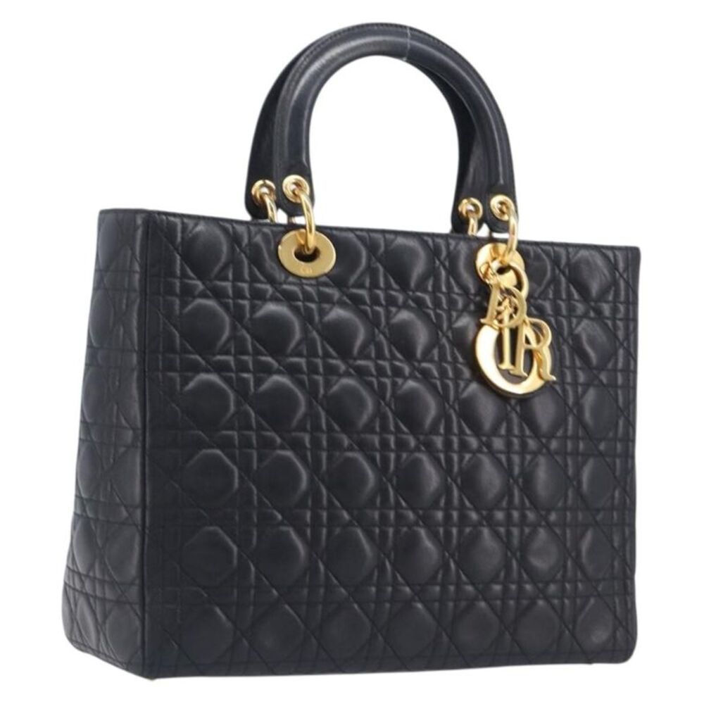 Christian Dior Lady Dior Cannage Quilt Lambskin Black Leather Handbag